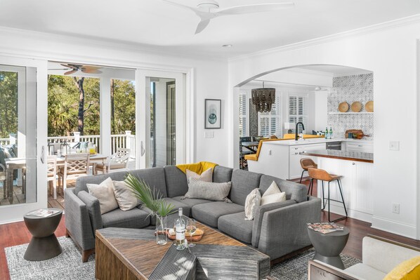 TV, fireplace, books