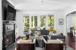 TV, fireplace, books