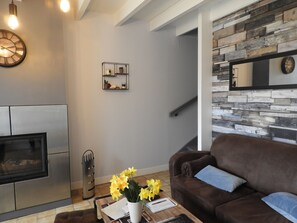 Televisión, chimenea, libros