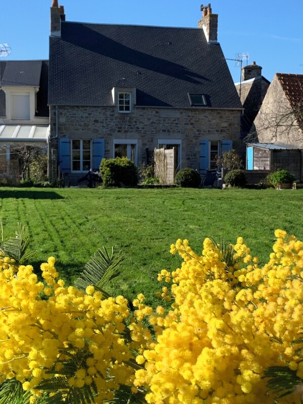 A stone house with a dark roof, a well-maintained lawn, and yellow flowering plants in the foreground.