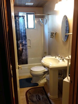 Une salle de bain équipée de toilettes, d’un lavabo, d’une douche et d’une fenêtre avec un rideau.