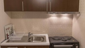 A compact kitchen with a stove, microwave, and sink. - Historic Luxury House Heart of Meteora (Kalabaka)