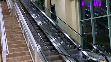 An indoor escalator adjacent to a staircase with a glass railing.
