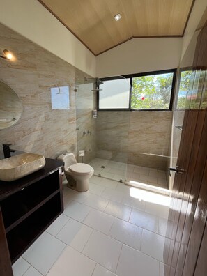 Shower, hair dryer, towels, soap