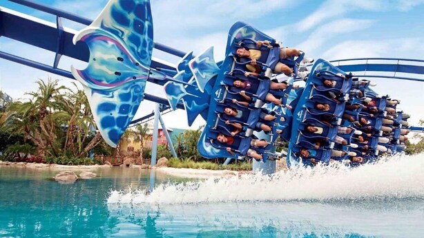 Atracción acuática con temática de delfines, que presenta una gran estructura de delfín y múltiples asientos para los pasajeros.