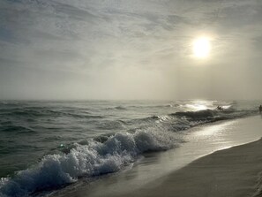On the beach, sun loungers