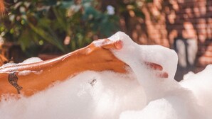 A hand submerged in foam, with a brick wall and greenery in the background. - Hotel Ferrugem Eco Village (Garopaba)