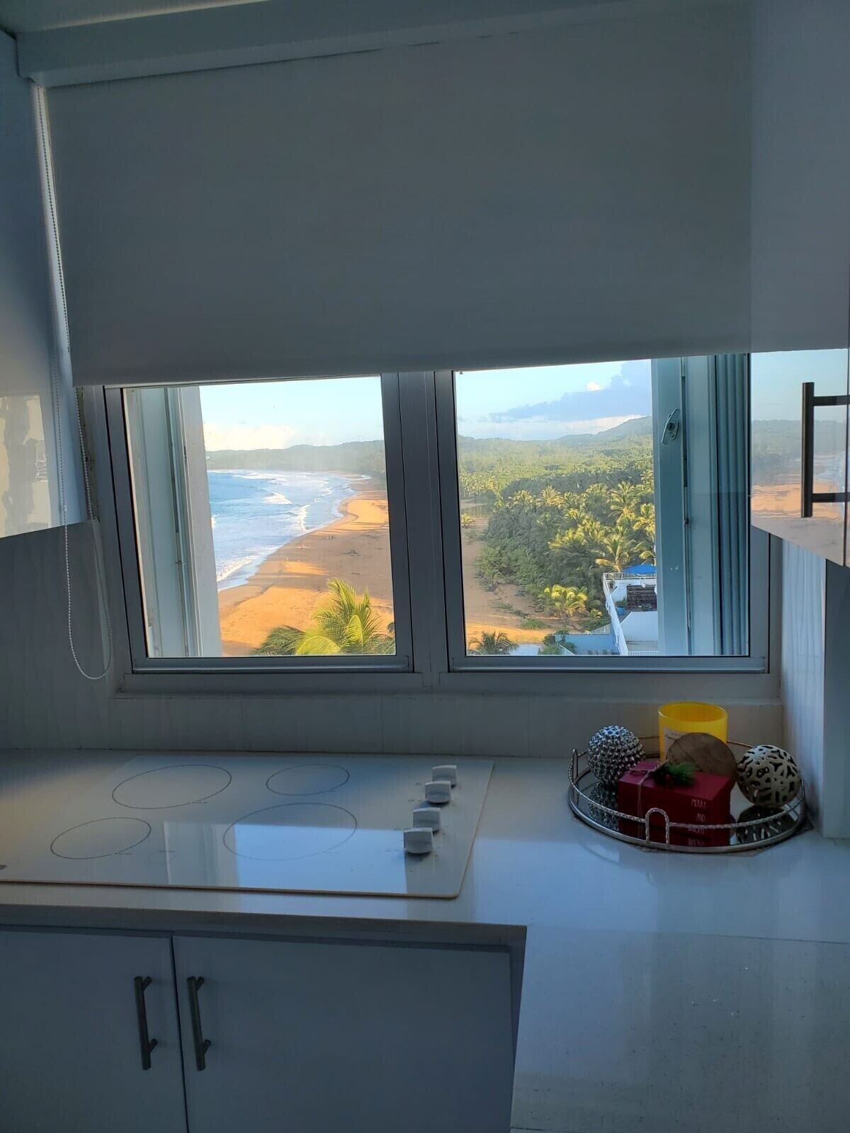 A kitchen with a large window overlooking a beach and greenery.