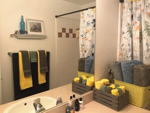 Combined shower/bathtub, hair dryer, towels, soap