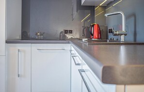 Fridge, stovetop, dishwasher, coffee/tea maker