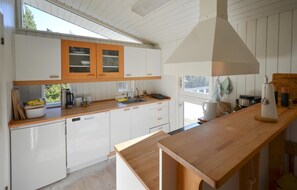 Fridge, stovetop, dishwasher, coffee/tea maker