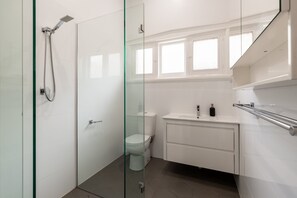 A modern bathroom with a glass shower enclosure, a toilet, and a white vanity with a mirror.