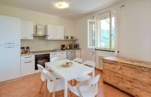 Fridge, microwave, dishwasher, cookware/dishes/utensils