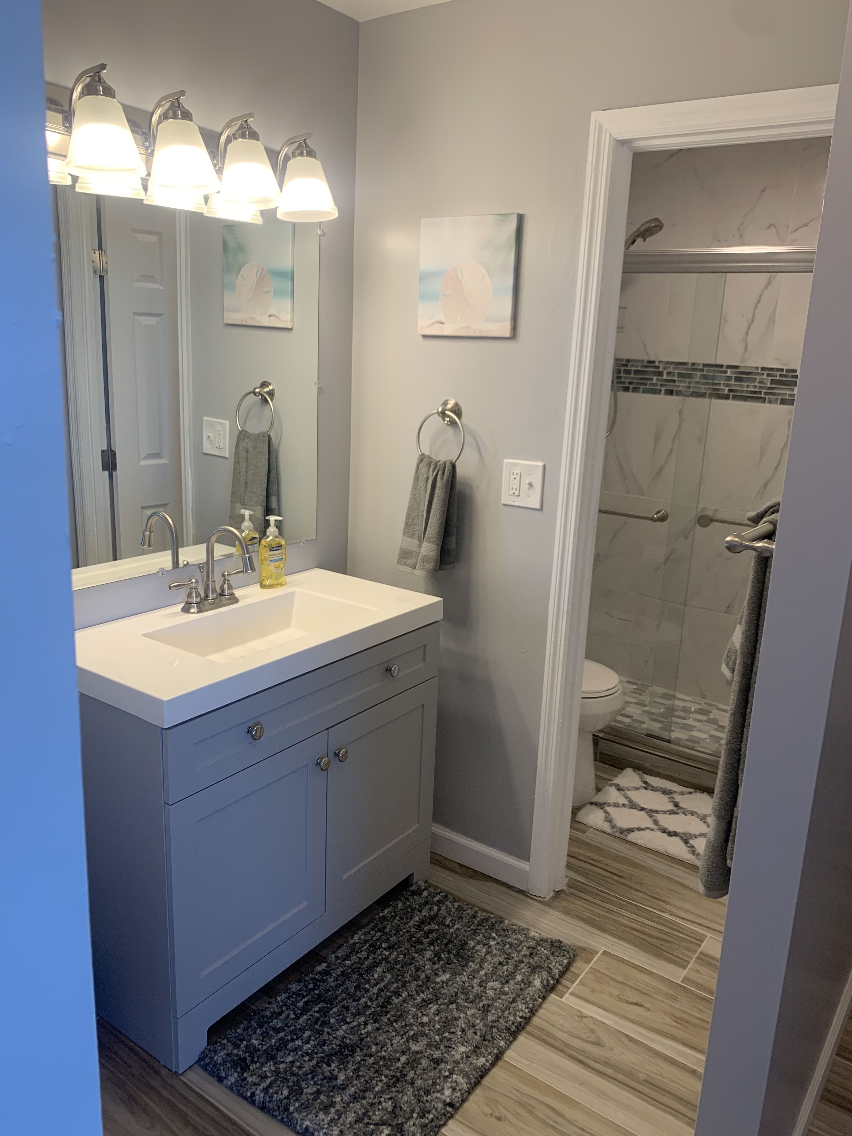 A bathroom with a vanity, a shower, and a toilet.