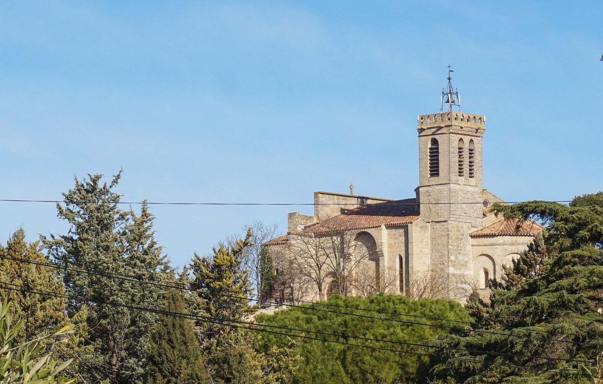 A historic church with a bell tower, surrounded by trees.