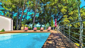 Una piscina con bordo in legno, circondata da alberi e una ringhiera in metallo.