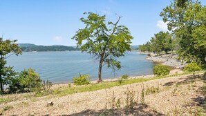 Vista del lago con un árbol destacado en primer plano, una orilla rocosa y colinas al fondo.