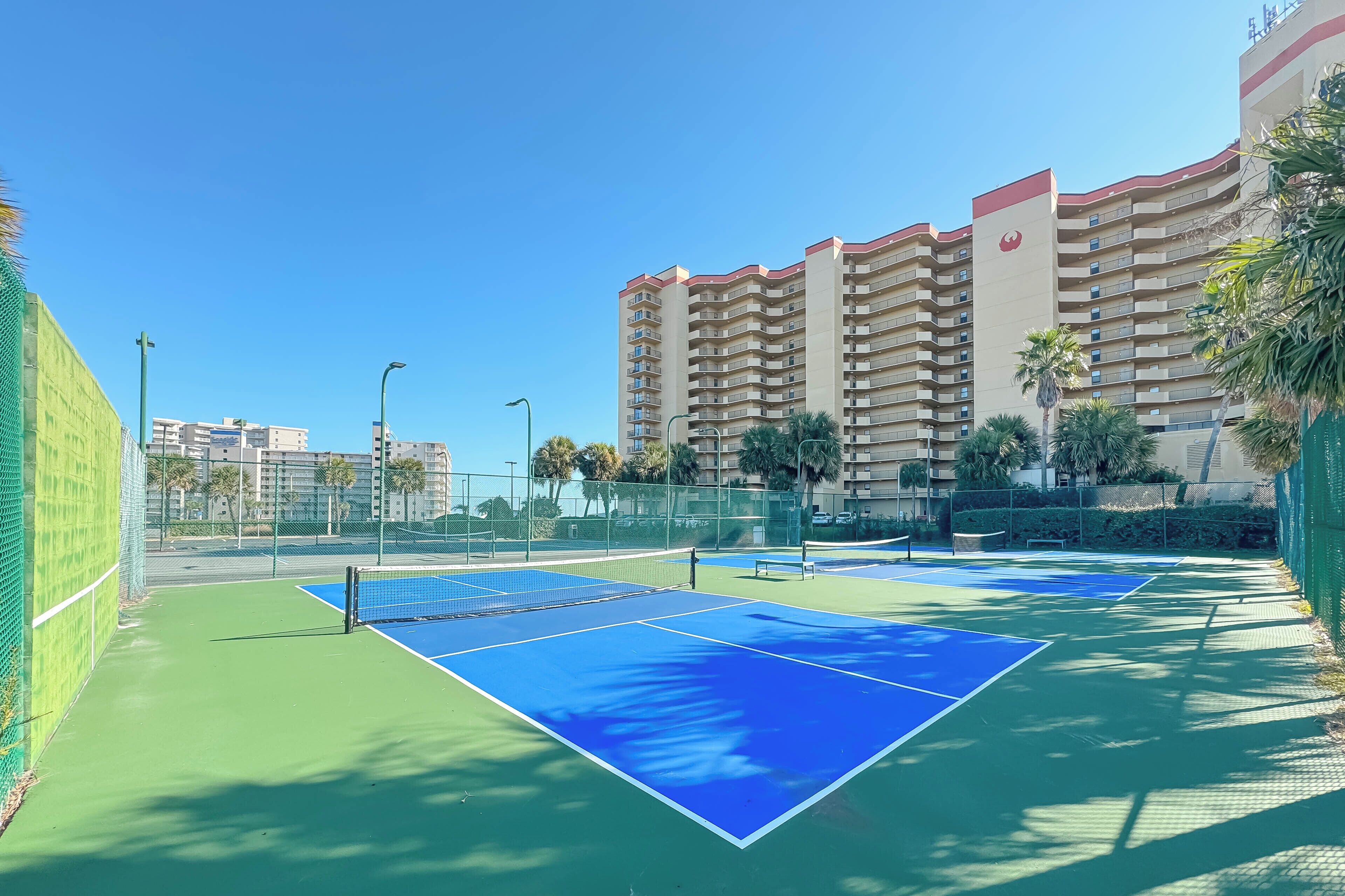 Pistes de tennis amb una xarxa, envoltades per una tanca verda i palmeres.