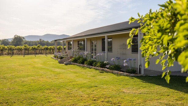 A vineyard with rows of grapevines and a building with a covered porch. - Vineyard Cottage - Your Innkeeper Mudgee (Eurunderee)