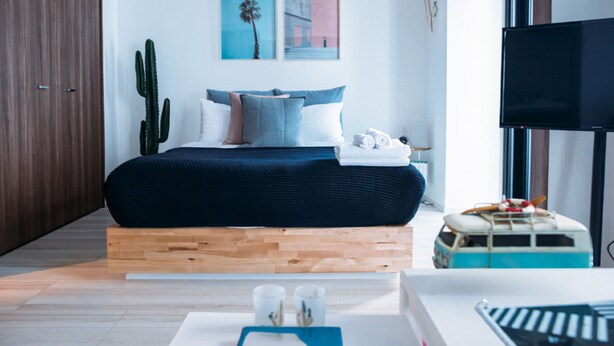 A modern bedroom with a bed, a television, a cactus, and artwork on the wall. -  Section L Residence Asakusa East  (Tokyo)