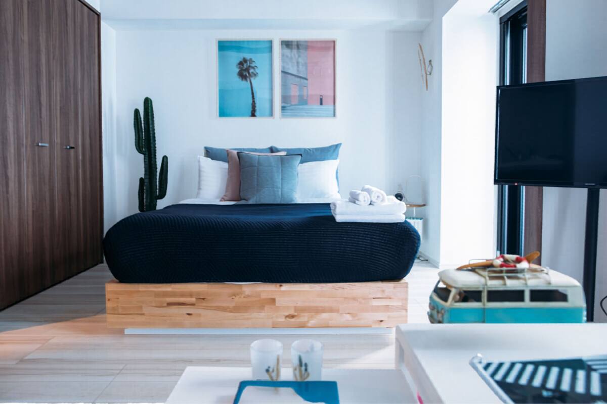A modern bedroom with a bed, a television, a cactus, and artwork on the wall.