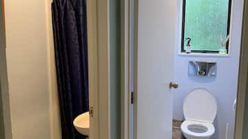 Shower, hair dryer, towels, toilet paper