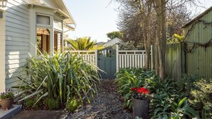 A residential garden with a gravel path, various plants, and a wooden fence.