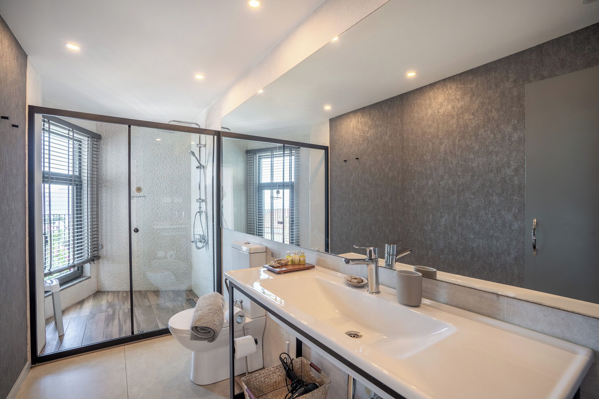 shower, rainfall showerhead, hair dryer, slippers