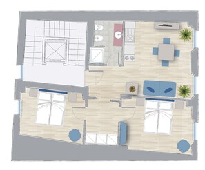 A hotel room layout with a living area, a dining area, a kitchen, and a bathroom. - Asinelli apartment . (Bologna)