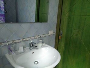 Shower, towels, soap, toilet paper