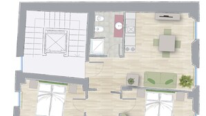 Un plan d’étage d’un hôtel comprenant plusieurs chambres, un espace repas et un petit coin salon extérieur.