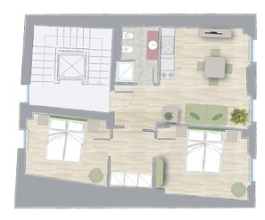 Een plattegrond van een hotel met diverse kamers, een eetruimte en een klein terras.