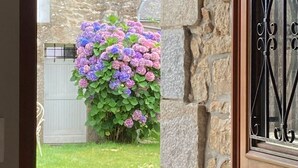 Un muro di pietra con una porta in legno e un cancello in metallo.