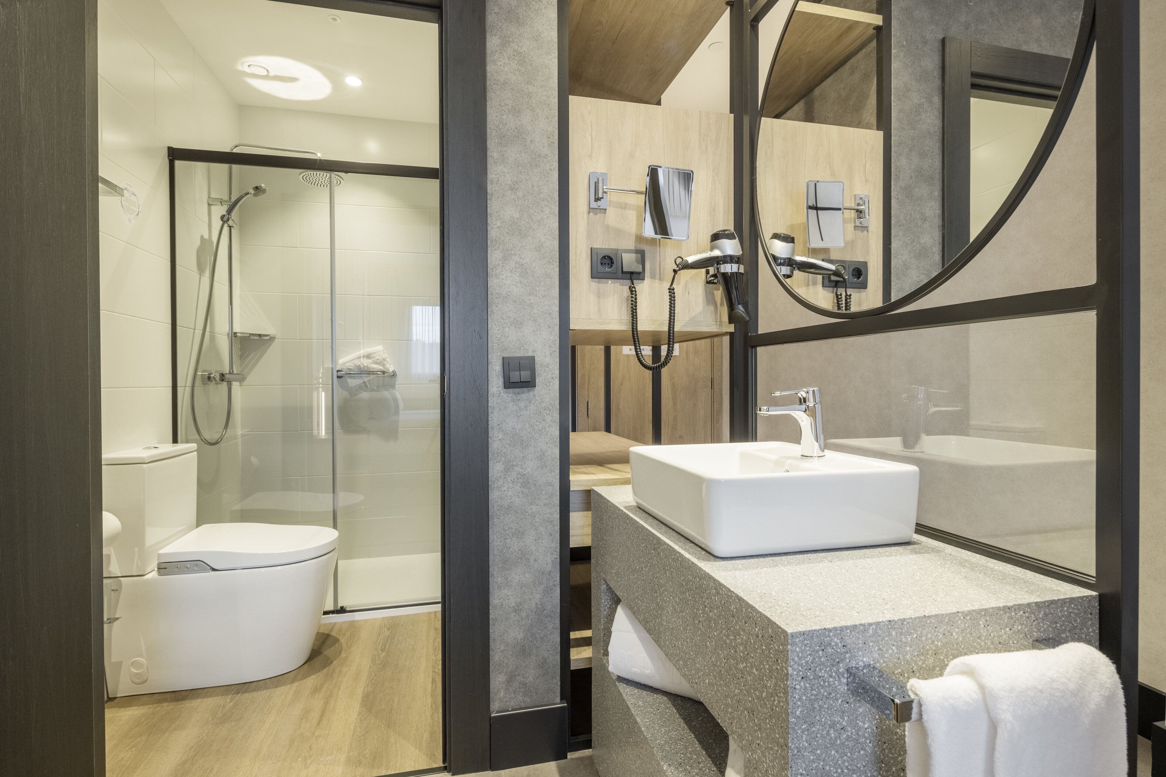 shower, eco-friendly toiletries, hair dryer, towels