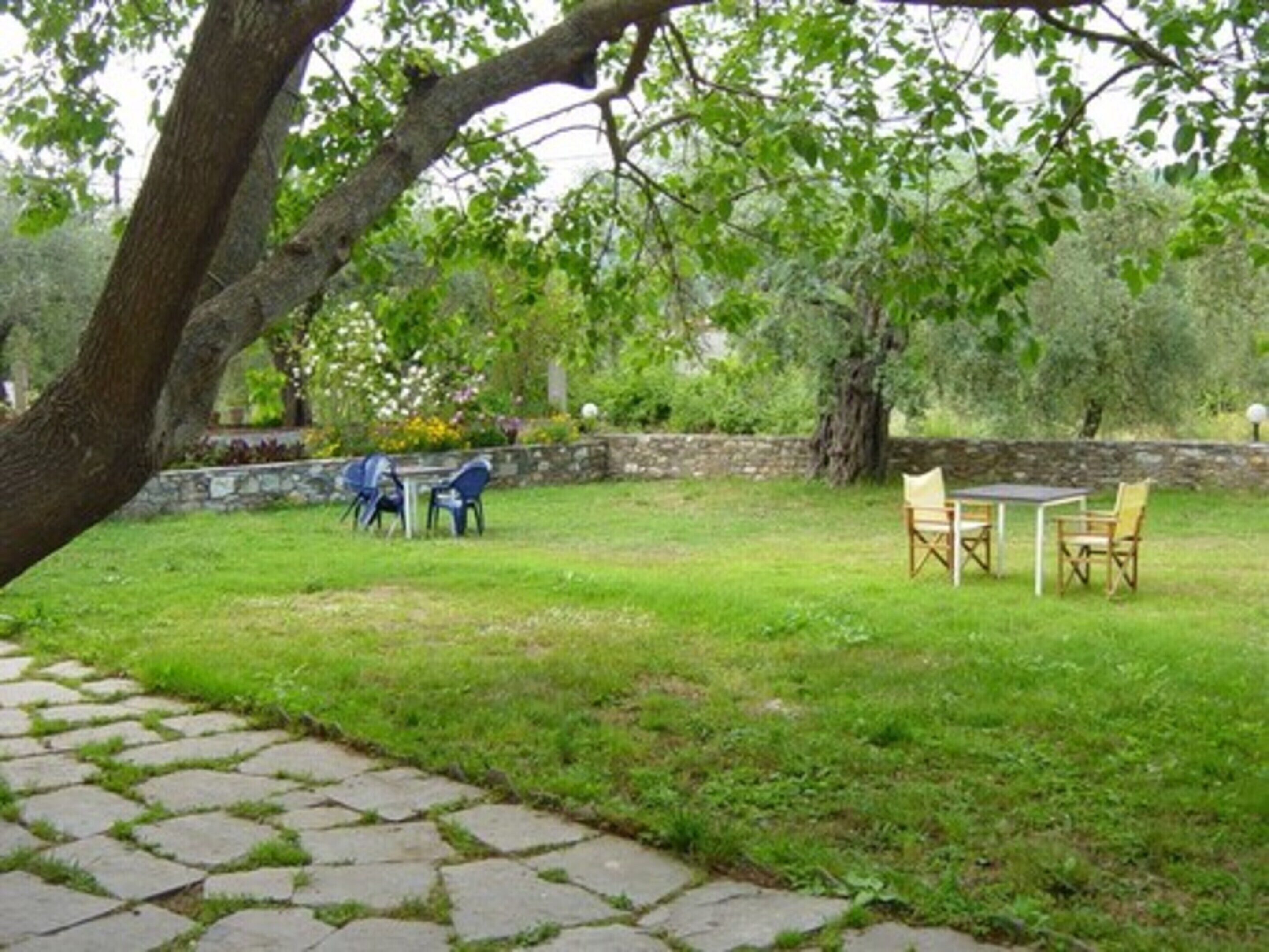 Un jardín con un sendero de piedra, una mesa y sillas, y un muro de piedra al fondo.