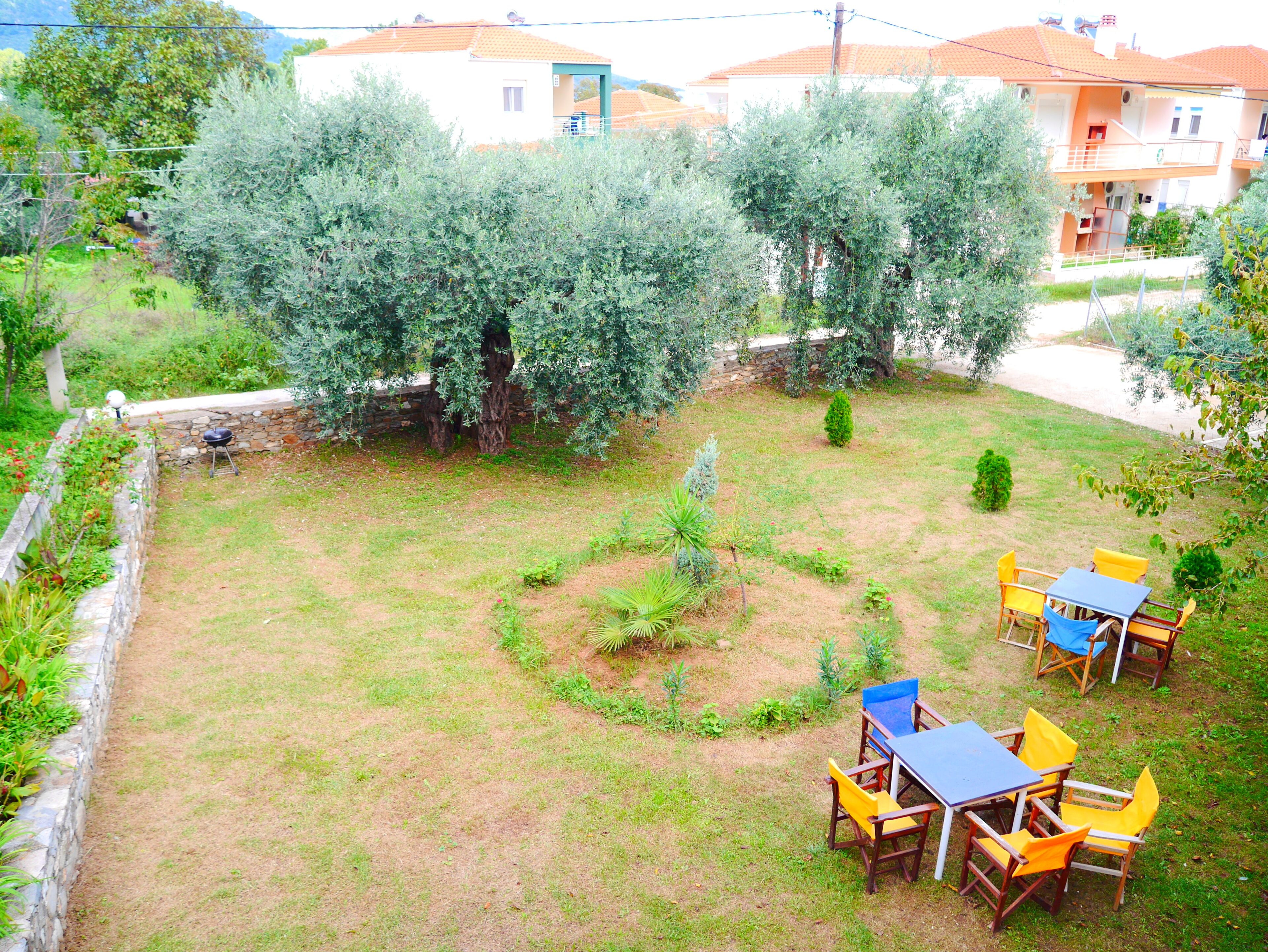 A grassy backyard with a barbecue grill, a small tree, and a table with chairs.