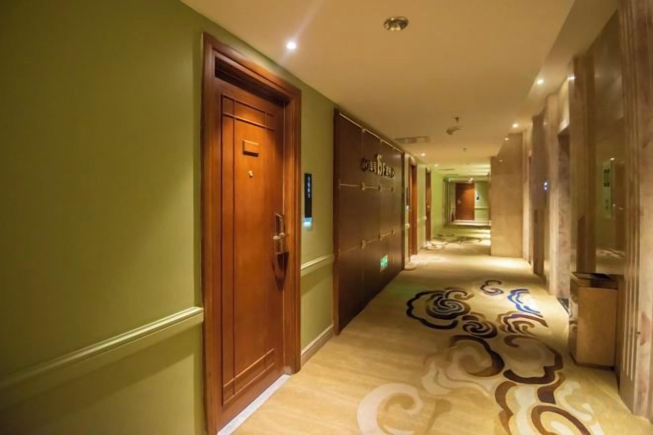 A hotel corridor with a wooden door, a patterned carpet, and a hallway leading to a room.