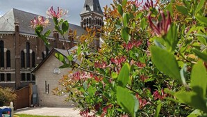 Une église dotée d’un clocher en flèche et d’un petit campanile, entourée d’une végétation luxuriante et de plantes en fleurs.