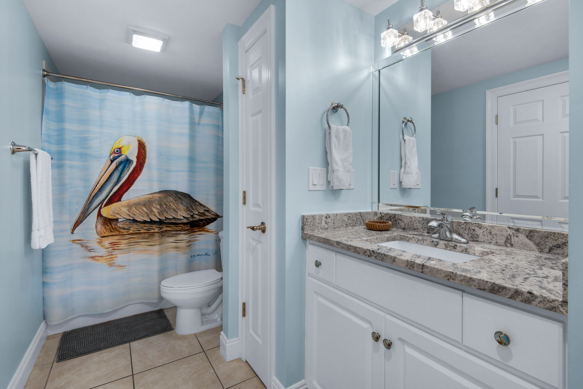 A bathroom with a shower curtain depicting a bird, a toilet, a sink with a marble countertop, and a mirror with lights above it.