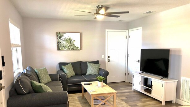 A living room with a sofa, a coffee table, a TV on a stand, and a ceiling fan. - Fully Renovated Home in Downtown Clermont (Clermont)