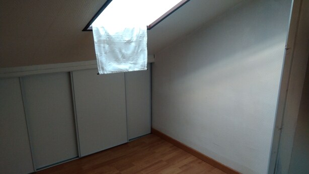 A room with wooden flooring, white walls, and a skylight.