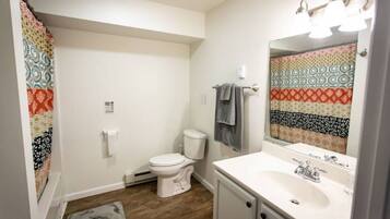 Bathtub, hair dryer, towels, soap