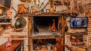 Een rustieke kamer met een open haard, houten planken met diverse spullen, een televisie en een bakstenen muur.