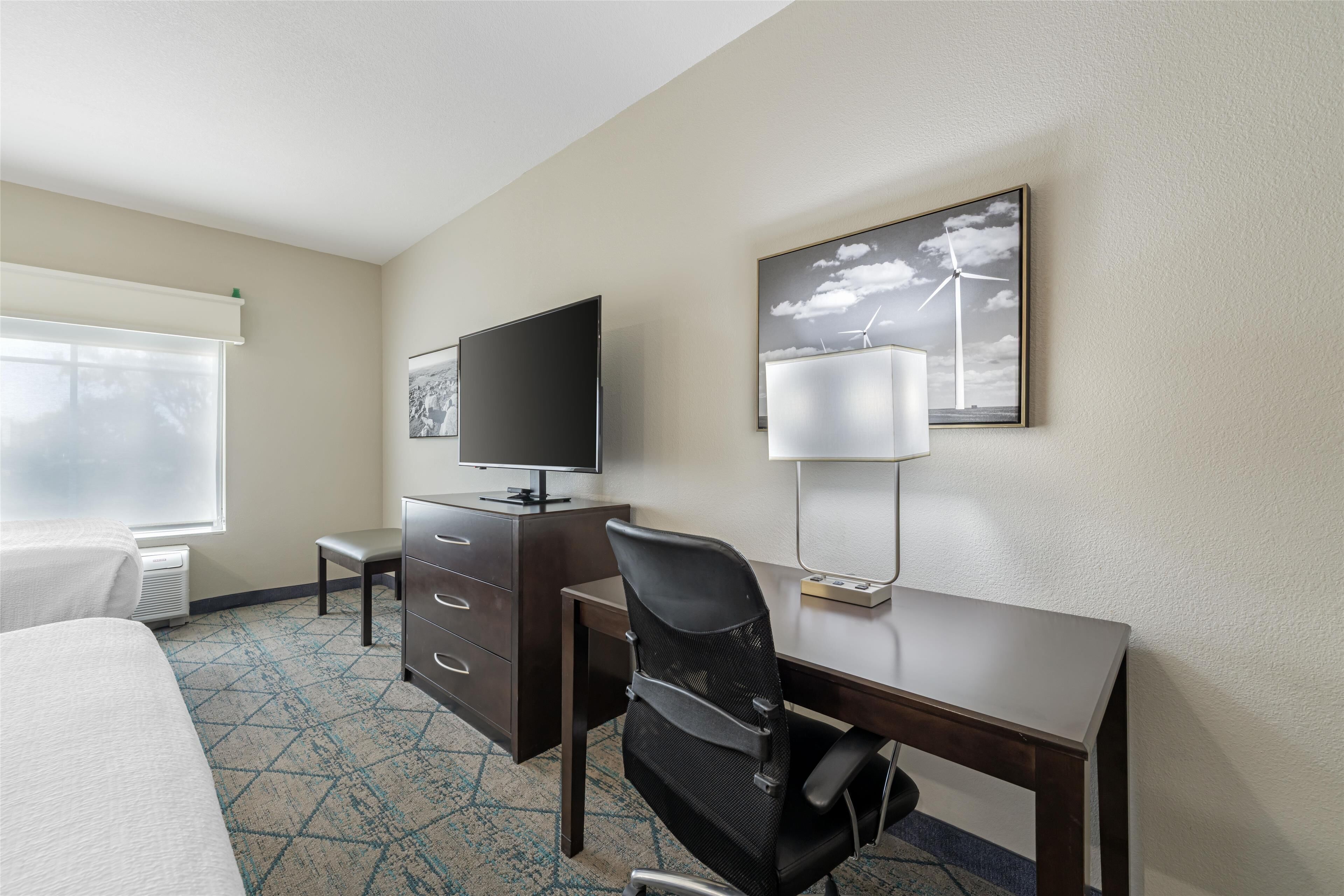 Habitación de hotel con una cama, un escritorio con silla, un televisor, una lámpara y un cuadro en la pared.