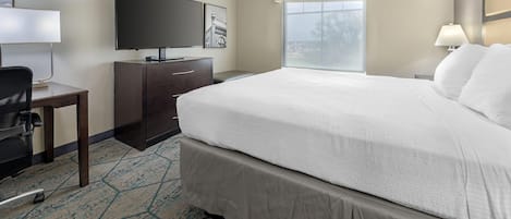 Una habitación de hotel con cama, escritorio, televisión y ventana con vistas.