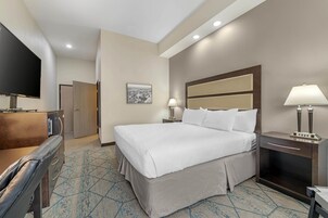 Habitación de hotel con una cama grande, un escritorio con televisor de pantalla plana, una lámpara de escritorio y una mesita de noche con lámpara.