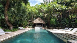 Une piscine bordée de chaises longues et abritée par une structure au toit de chaume, le tout entouré d’une végétation luxuriante.