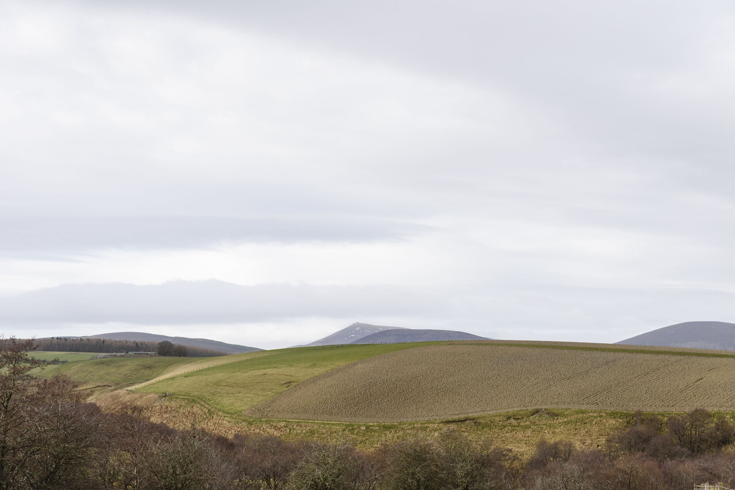Ländliche Landschaft mit sanften Hügeln und einem fernen Gebirge unter bewölktem Himmel.