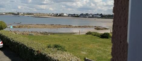 A coastal view with a grassy area, a body of water, and a distant shoreline with buildings.