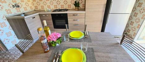 Fridge, oven, stovetop, cookware/dishes/utensils